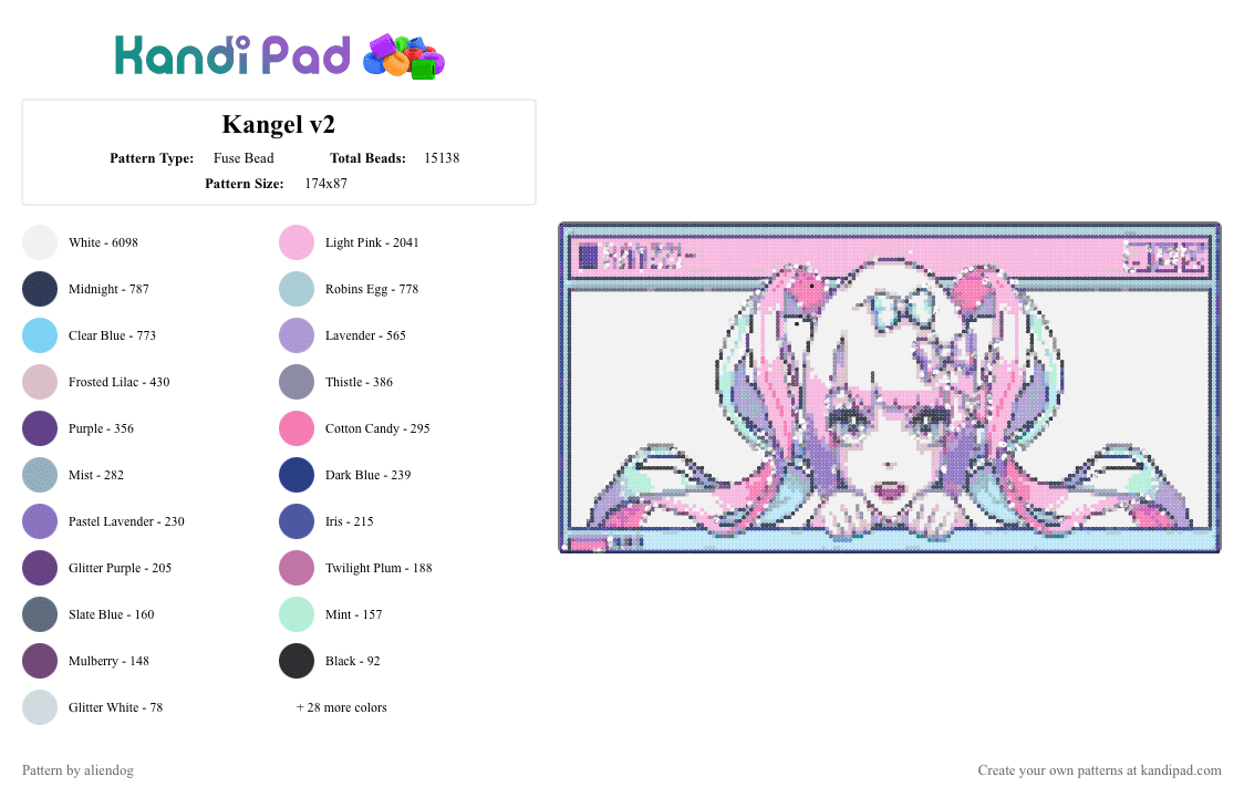 Kangel v2 - Fuse Bead Pattern by aliendog on Kandi Pad - light blue, pink, purple, white