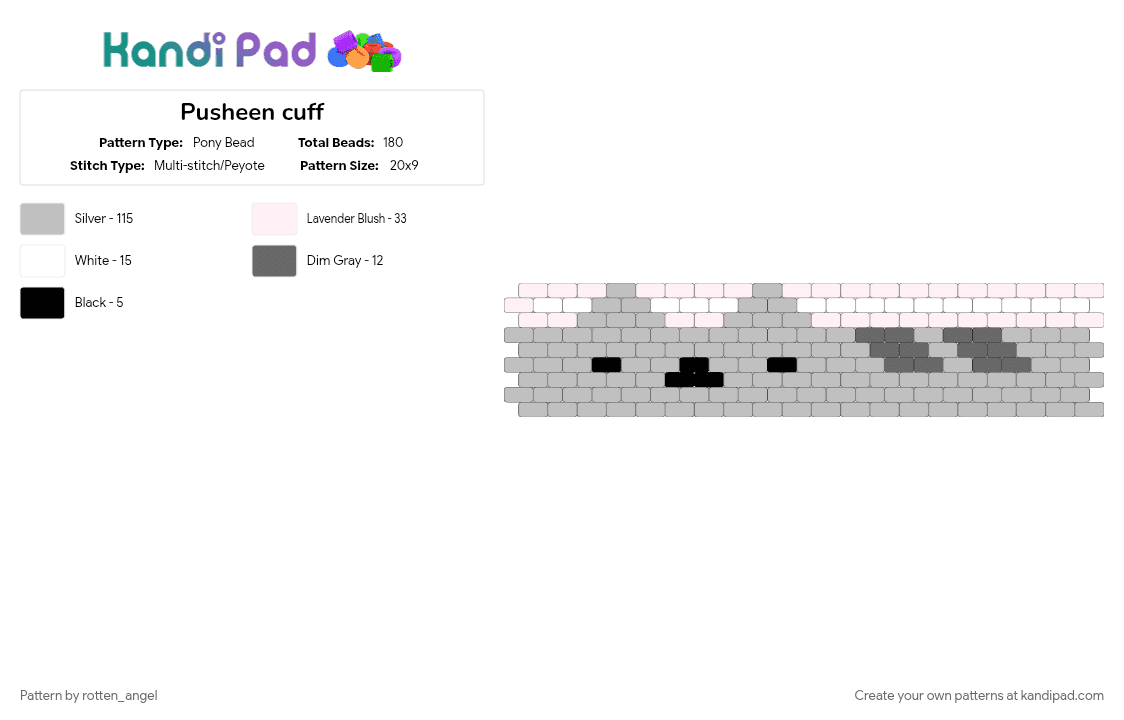 Pusheen cuff - Pony Bead Pattern by rotten_angel on Kandi Pad - animal, awwww so awwwwww, beige, cat, cute, cutecore, gray black, kitty, pusheen