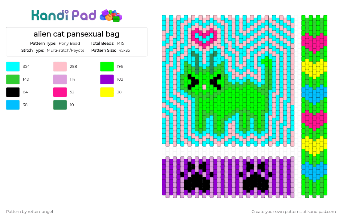 alien cat pansexual bag - Pony Bead Pattern by rotten_angel on Kandi Pad - light blue,pink,green,alien,bag,pansexual,cat,aliencat,paw,pride