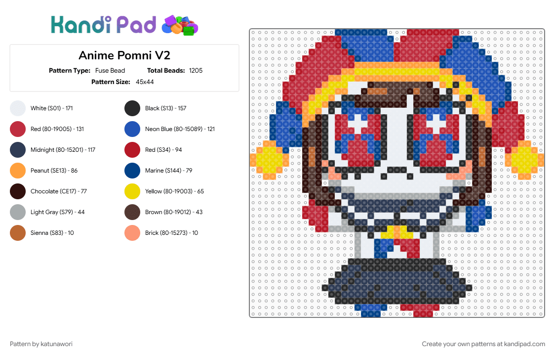 Anime Pomni V2 (nvm this one\'s worse) - Fuse Bead Pattern by katunawori on Kandi Pad - blue, brown, purple, red