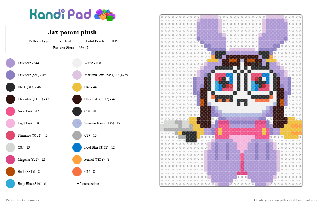 Jax-Suit Pomni plush (Pinkish?) - Fuse Bead Pattern by katunawori on Kandi Pad - pink