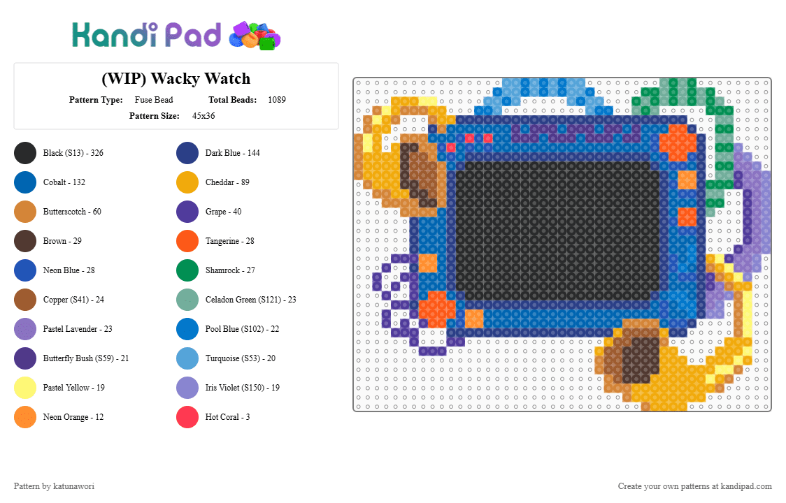(WIP) Wacky Watch - Fuse Bead Pattern by katunawori on Kandi Pad - blue, orange