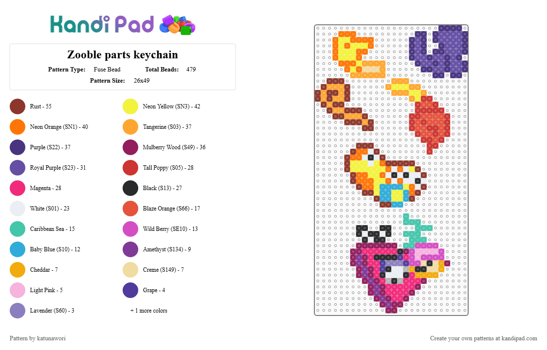 Zooble parts keychain - Fuse Bead Pattern by katunawori on Kandi Pad - red,orange,purple,pink