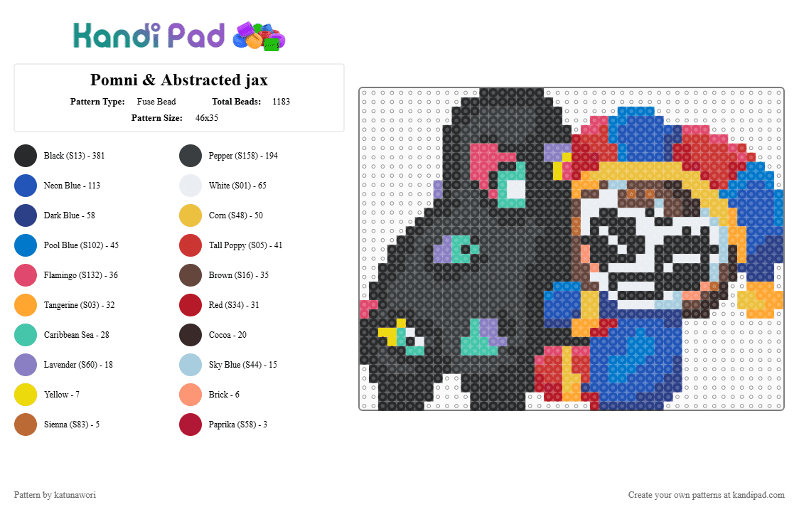 Pomni & Abstracted jax - Fuse Bead Pattern by katunawori on Kandi Pad - black,blue,red,brown,colorful