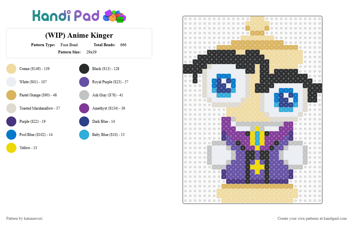 (WIP) Anime Kinger - Fuse Bead Pattern by katunawori on Kandi Pad - beige,purple
