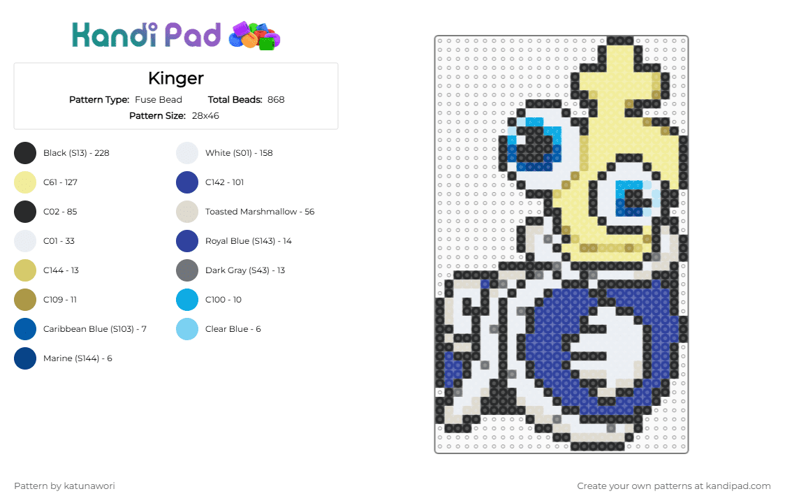 Kinger - Fuse Bead Pattern by katunawori on Kandi Pad - yellow,beige,purple