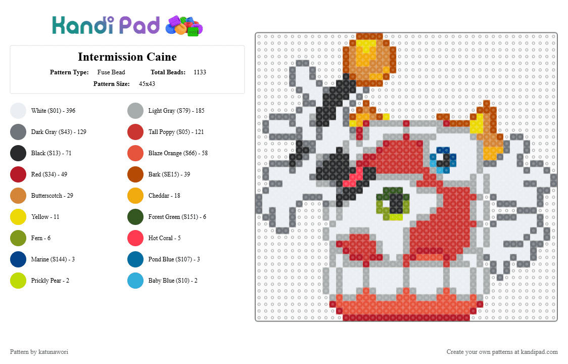 Intermission Caine - Fuse Bead Pattern by katunawori on Kandi Pad - white,gray,red