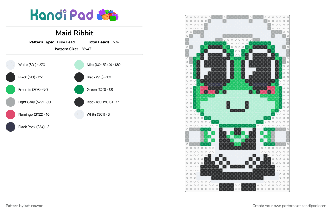 Maid Ribbit - Fuse Bead Pattern by katunawori on Kandi Pad - gray, green, light blue