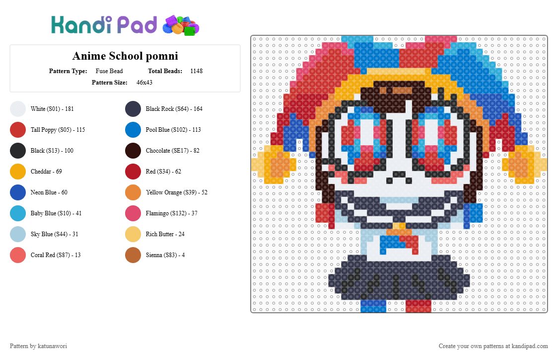 Anime School pomni - Fuse Bead Pattern by katunawori on Kandi Pad - red,blue,purple,orange