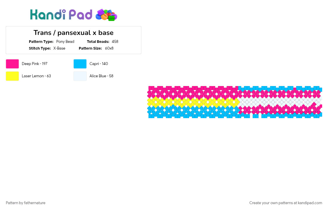 Trans / pansexual x base - Pony Bead Pattern by fathernature on Kandi Pad - light blue, pink, pride, trans, x base cuff