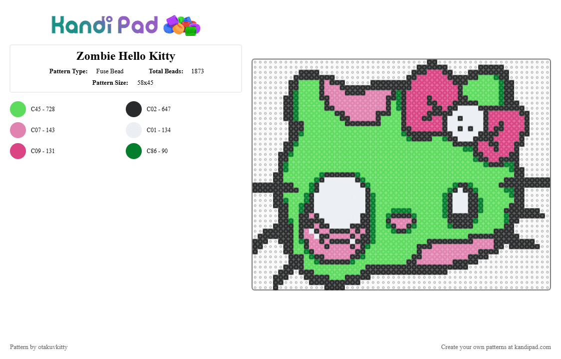 Zombie Hello Kitty⋆˙⟡ - Fuse Bead Pattern by otakuvkitty on Kandi Pad - teal,scary,hellokitty,kitty,cute,zombie,green