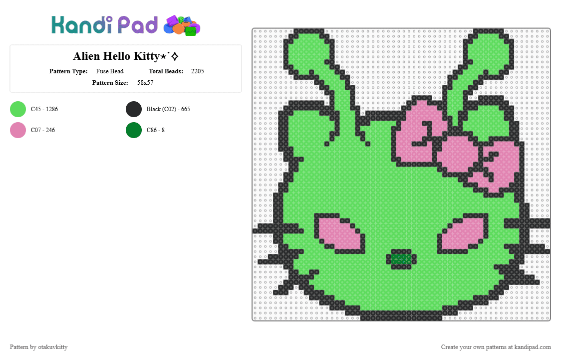Alien Hello Kitty⋆˙⟡ - Fuse Bead Pattern by otakuvkitty on Kandi Pad - teal,cotdaliens,alien,hellokitty,kitty,cute,hello,scary
