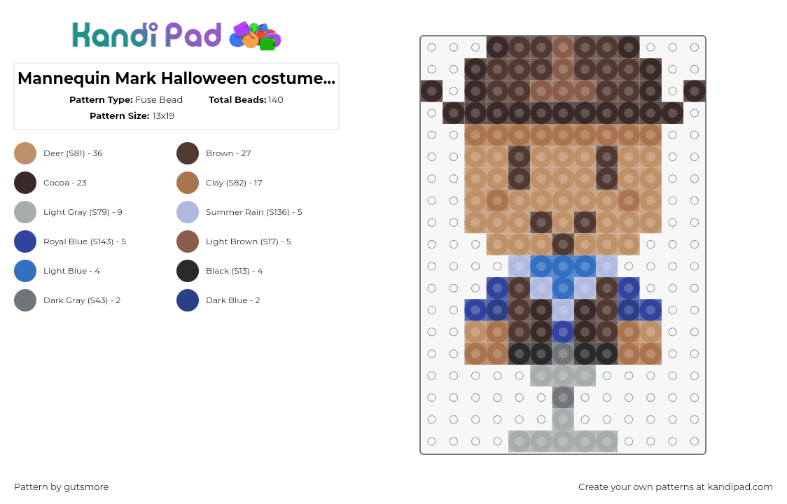 Mannequin Mark Halloween costume regretevator - Fuse Bead Pattern by gutsmore on Kandi Pad - mannequin mark,regretevator,roblox,cowboy,halloween,character,npc,video game,brown,tan