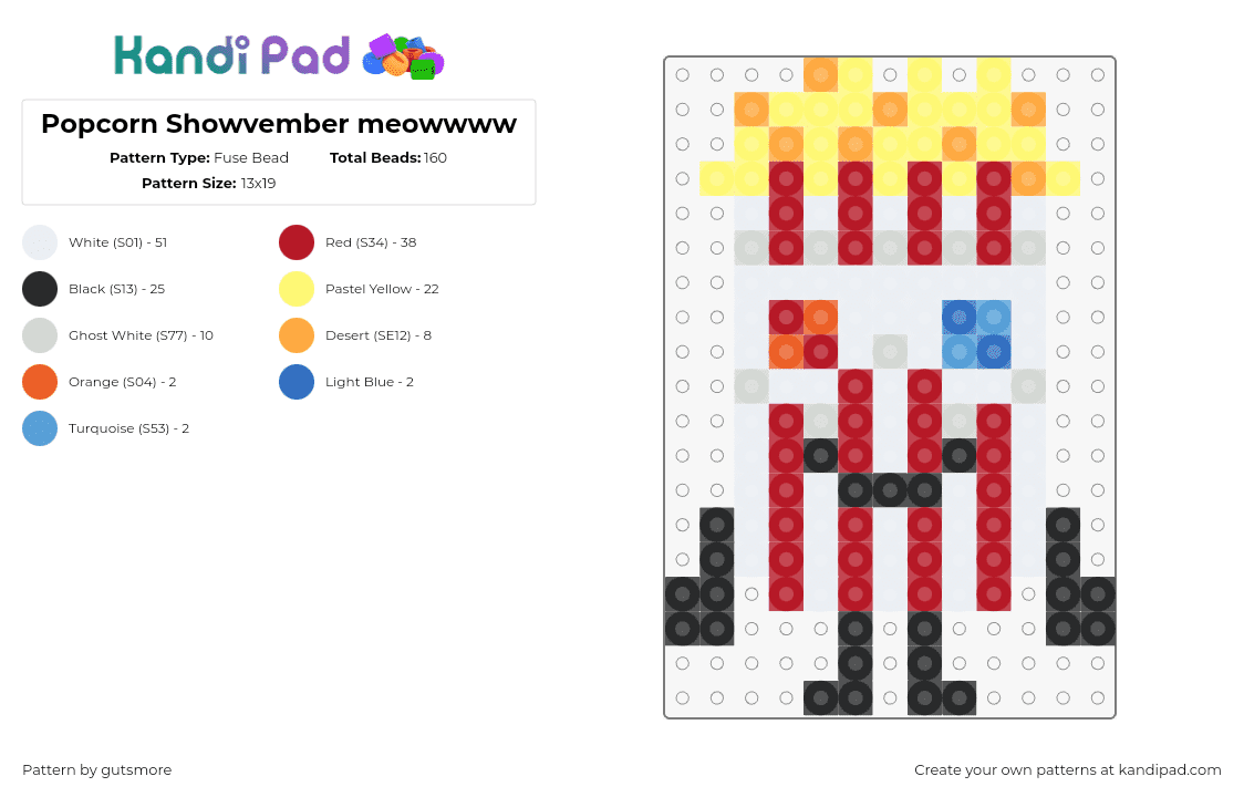 Popcorn Showvember meowwww - Fuse Bead Pattern by gutsmore on Kandi Pad - popcorn,showvember,character,tv show,food,glasses,cool,stripes,red,white,yellow