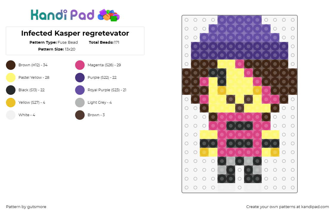 Infected Kasper regretevator - Fuse Bead Pattern by gutsmore on Kandi Pad - infected,regretevator,roblox,character,npc,video game,pink,yellow,purple