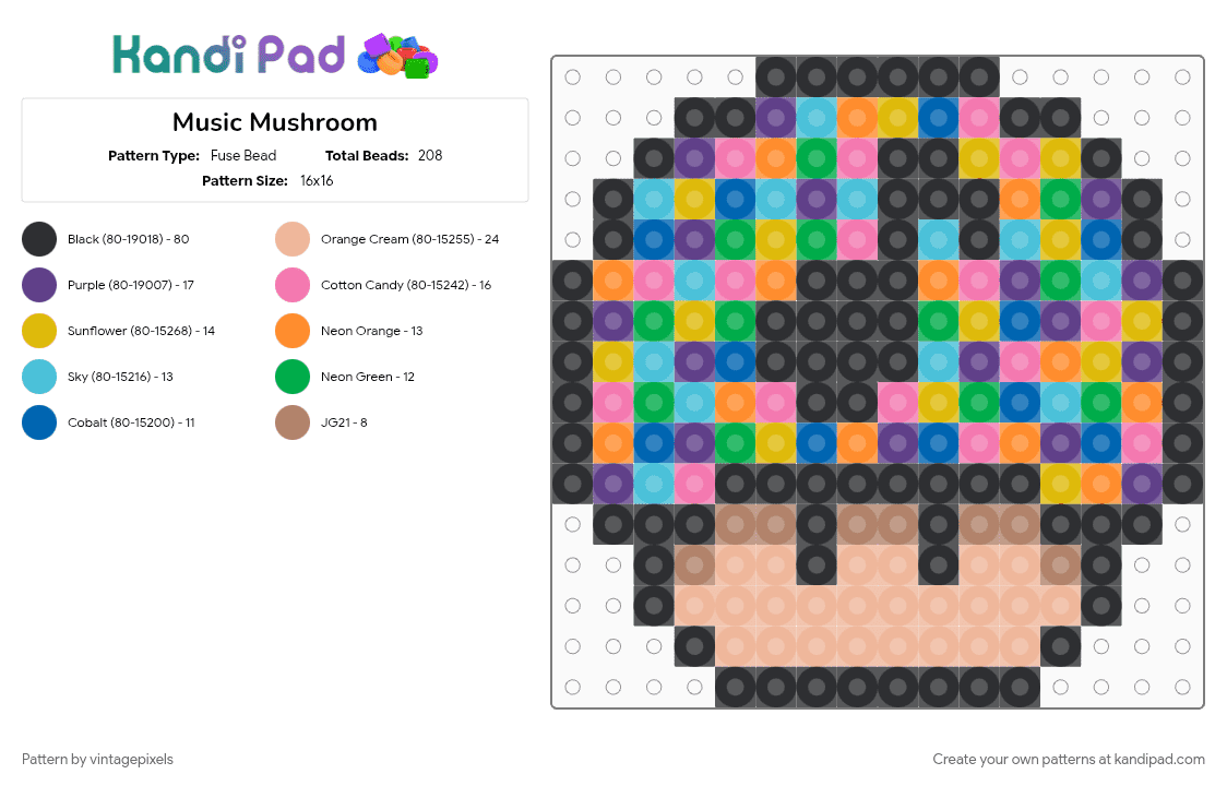 Music Mushroom - Fuse Bead Pattern by vintagepixels on Kandi Pad - beige, colorful, cotdstreamingmusic, pink, yellow