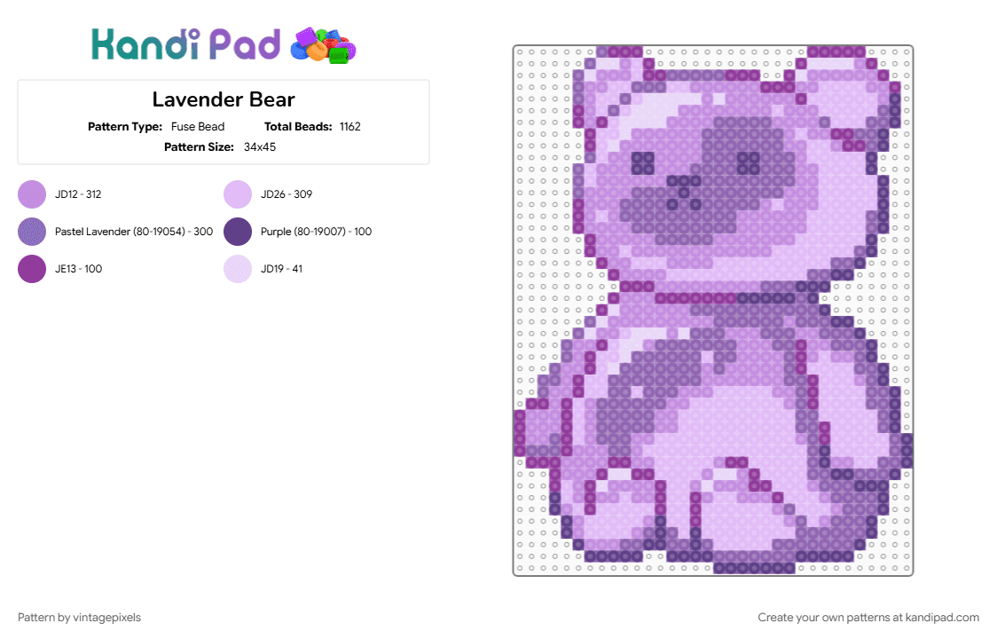 Lavender Bear - Fuse Bead Pattern by vintagepixels on Kandi Pad - cotdlowcontrast, pink