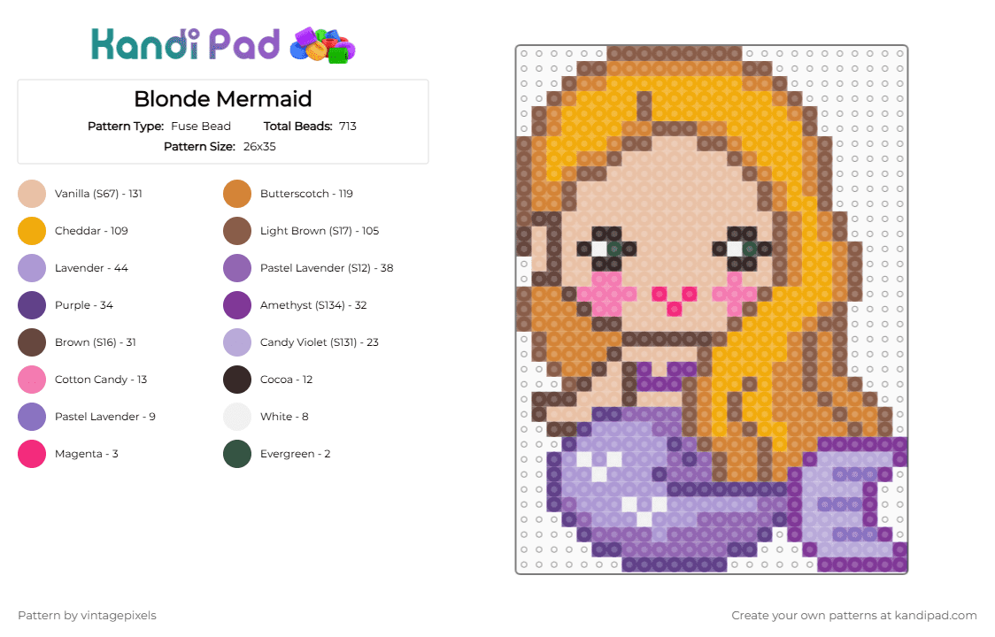 Blonde Mermaid - Fuse Bead Pattern by vintagepixels on Kandi Pad - tan,orange,beige,pink,cotdmermaids