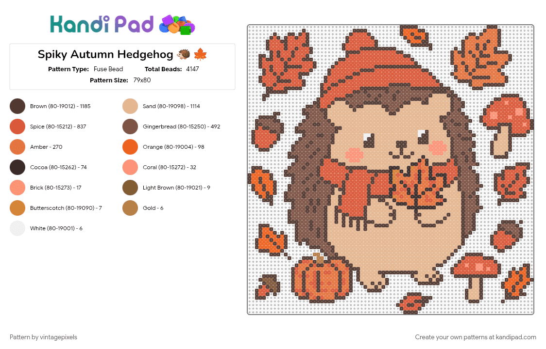 Spiky Autumn Hedgehog 🦔 🍁 - Fuse Bead Pattern by vintagepixels on Kandi Pad - beige, brown, cotdspiky, red