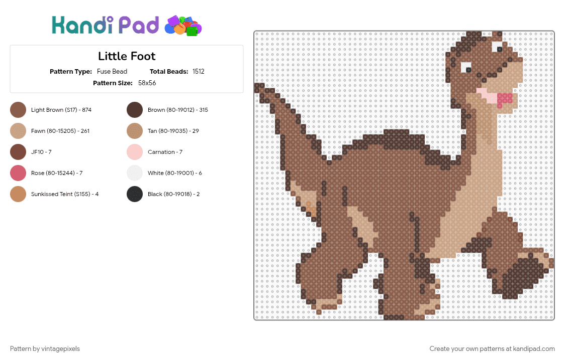 Little Foot - Fuse Bead Pattern by vintagepixels on Kandi Pad - cotddinosaurs, tan