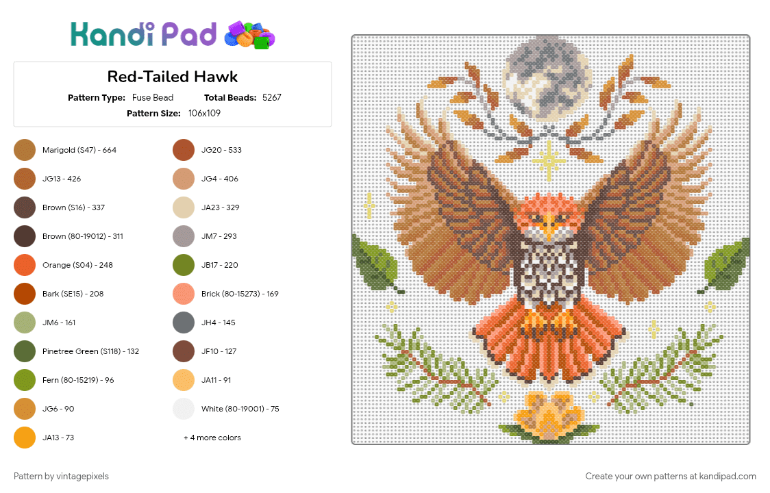 Red-Tailed Hawk - Fuse Bead Pattern by vintagepixels on Kandi Pad - colorful, cotdbirdsofprey, orange, red, tan