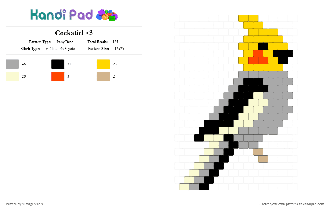Cockatiel - Pony Bead Pattern by vintagepixels on Kandi Pad - animal, beige, birb, bird, borb, cockatiel, feather, flight, parrot