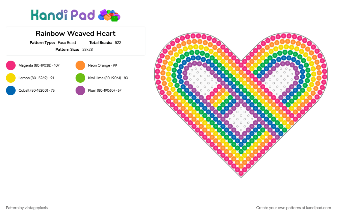 Rainbow Weaved Heart - Fuse Bead Pattern by vintagepixels on Kandi Pad - orange, pink