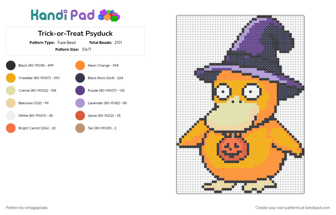 Trick-or-Treat Psyduck - Fuse Bead Pattern by vintagepixels on Kandi Pad - orange, purple