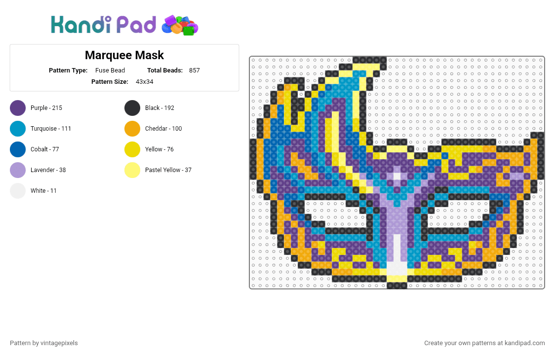 Marquee Mask (Cosplay - CotD) - Fuse Bead Pattern by vintagepixels on Kandi Pad - yellow,light blue,orange,purple,cotdcosplay,mask,costume,theater,gold,mardi gras,party,wearable