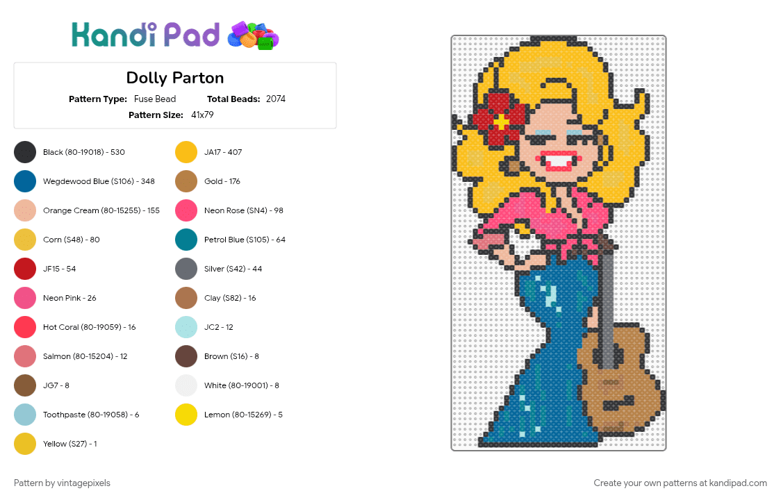 Dolly Parton - Fuse Bead Pattern by vintagepixels on Kandi Pad - beige, colorful, cotdworldmusic, red, yellow