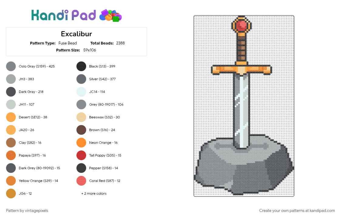 Excalibur - Fuse Bead Pattern by vintagepixels on Kandi Pad - cotdlegends, gray