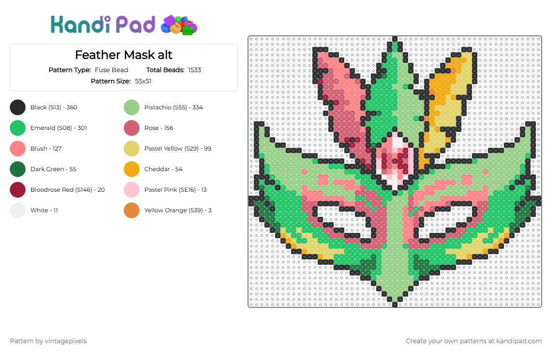 Feather Mask - Fuse Bead Pattern by vintagepixels on Kandi Pad - colorful, feather, green, mardi gras, mask, red, teal