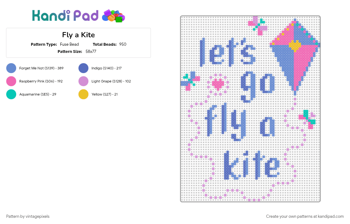 Fly a Kite - Fuse Bead Pattern by vintagepixels on Kandi Pad - blue, cotdwind, pink