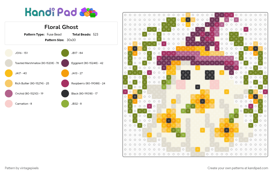 Floral Ghost - Fuse Bead Pattern by vintagepixels on Kandi Pad - beige, gold, pink, yellow