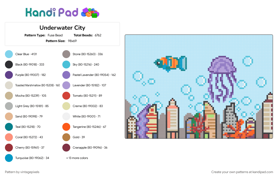 Underwater City - Fuse Bead Pattern by vintagepixels on Kandi Pad - atlantis, beige, city, cotdunderwatercities, fish, light blue, ocean, underwater