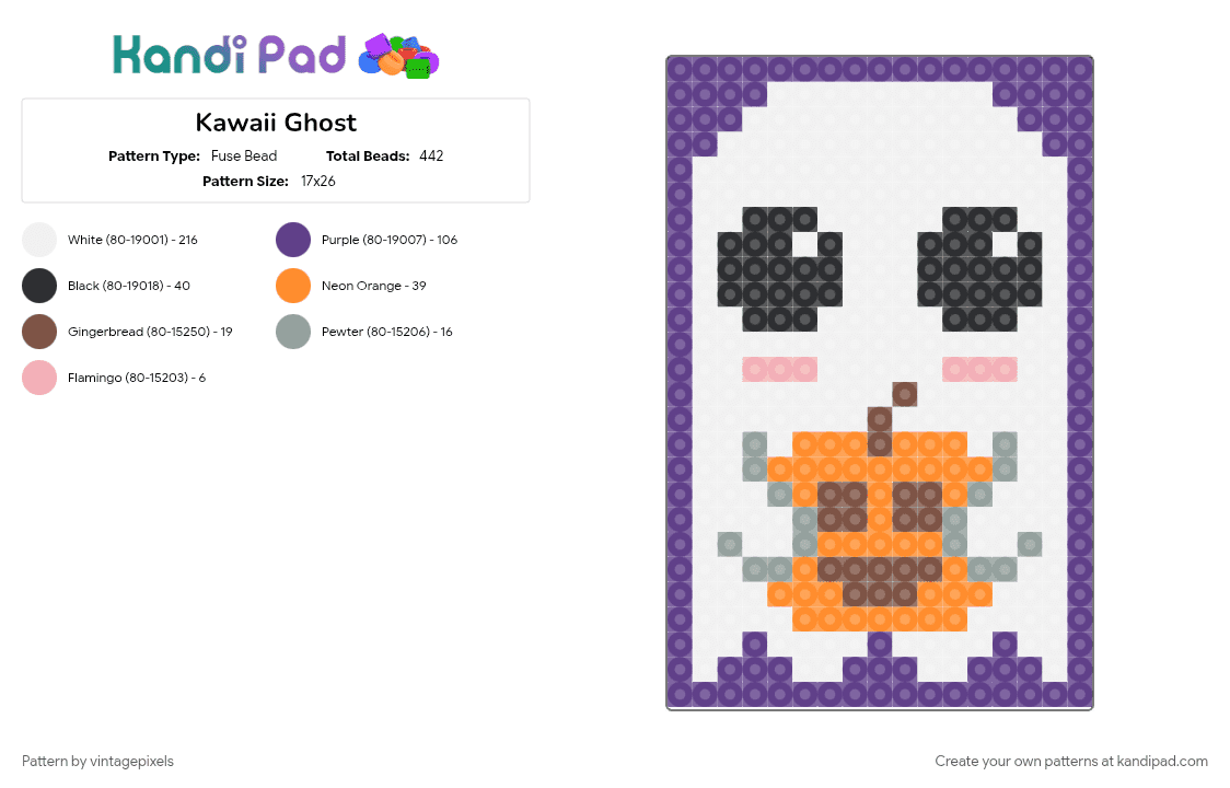 Kawaii Ghost - Fuse Bead Pattern by vintagepixels on Kandi Pad - cotdkawaii, orange, purple, white