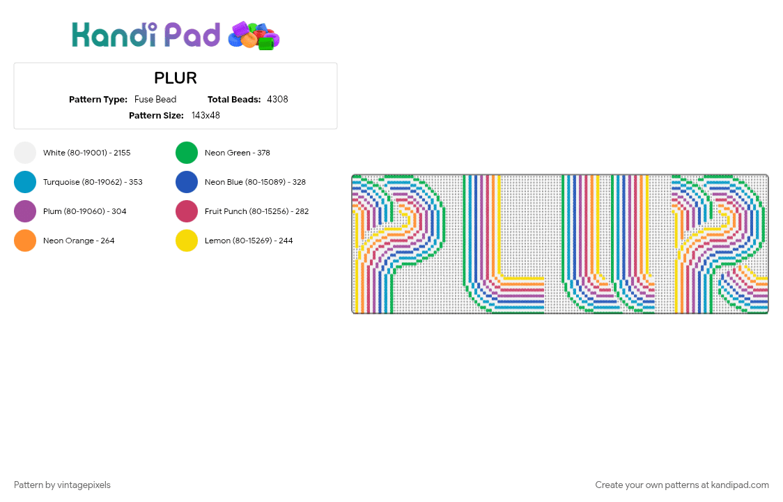 PLUR - Fuse Bead Pattern by vintagepixels on Kandi Pad - colorful, cotdlettering, light blue, pink, plur, white