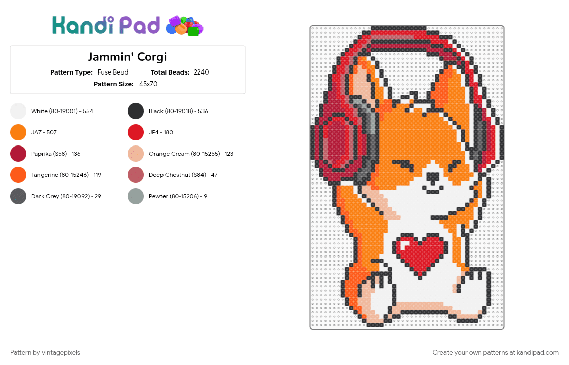 Jammin\' Corgi - Fuse Bead Pattern by vintagepixels on Kandi Pad - cotdheadphones, orange, red