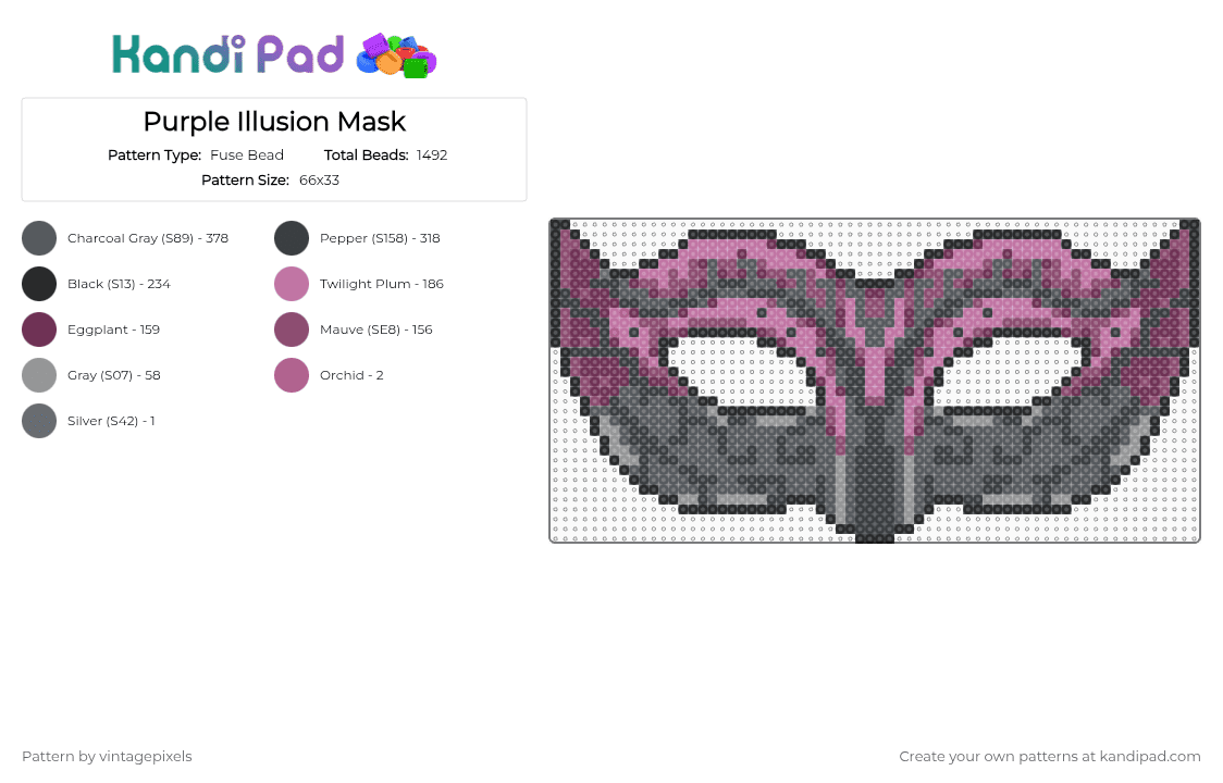 Purple Illusion Mask - Fuse Bead Pattern by vintagepixels on Kandi Pad - gray, pink