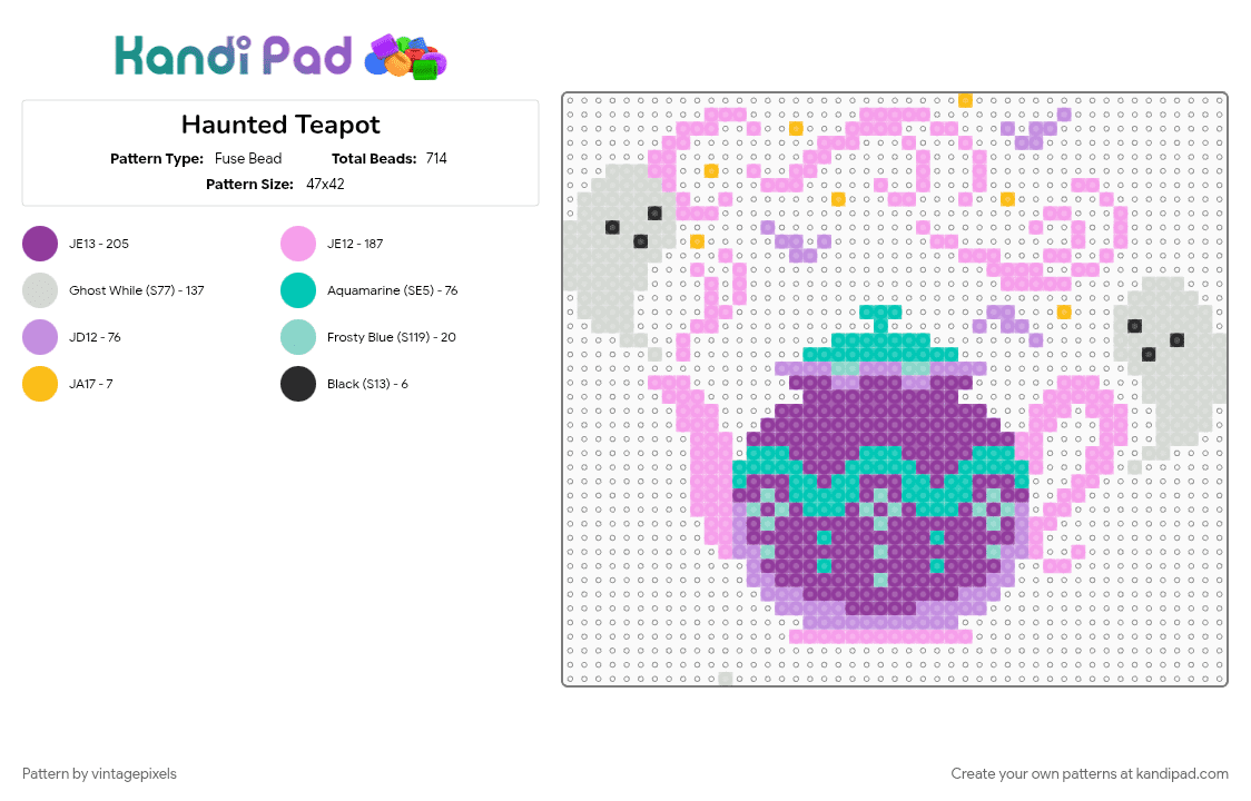 Haunted Teapot - Fuse Bead Pattern by vintagepixels on Kandi Pad - pink