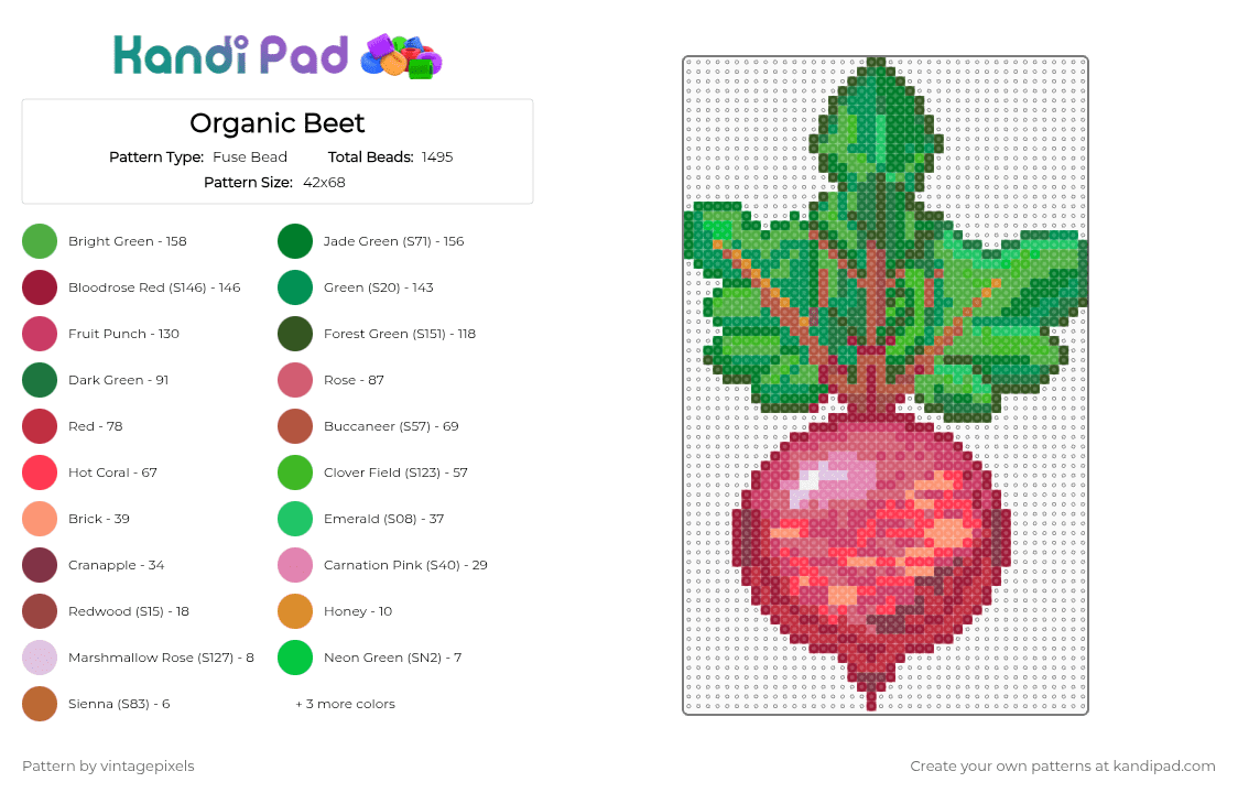 Organic Beet - Fuse Bead Pattern by vintagepixels on Kandi Pad - red,green,cotdorganic,cotdfarming2026,root,vegetable,veggie,beet,farming,crops