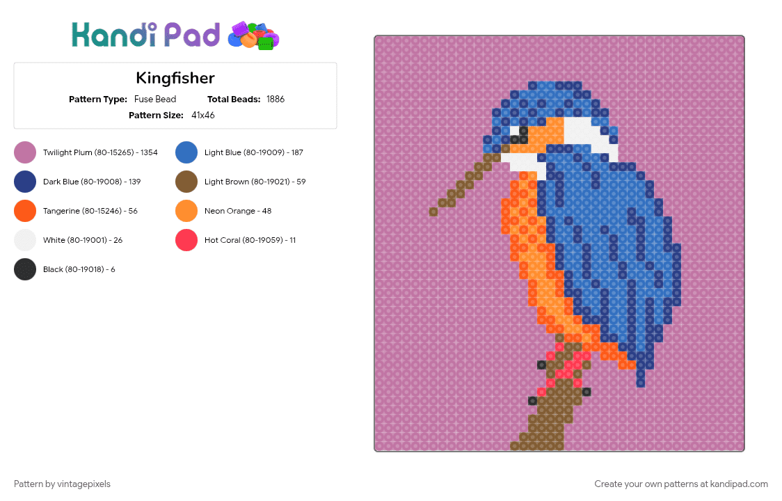 Kingfisher - Fuse Bead Pattern by vintagepixels on Kandi Pad - cotdbirds, pink