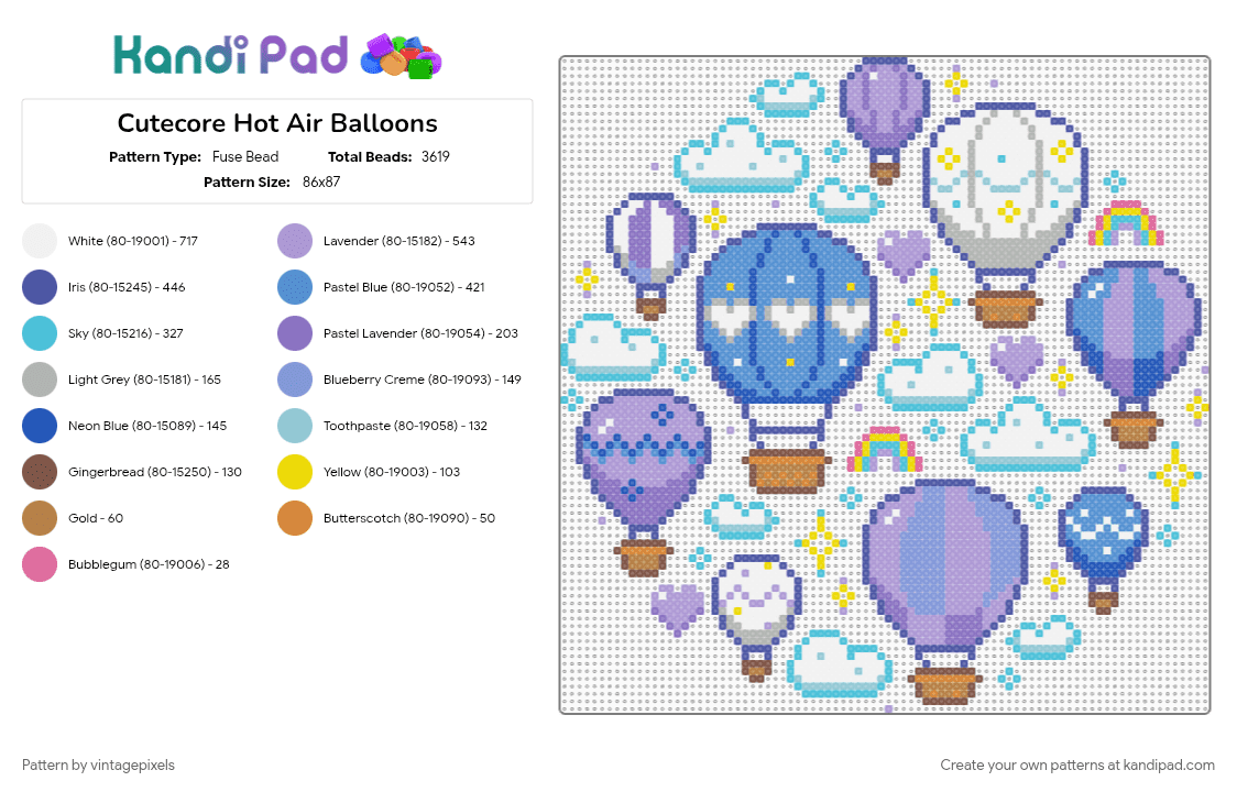 Cutecore Hot Air Balloons - Fuse Bead Pattern by vintagepixels on Kandi Pad - blue, cotdhotairballoons, light blue, pink, purple