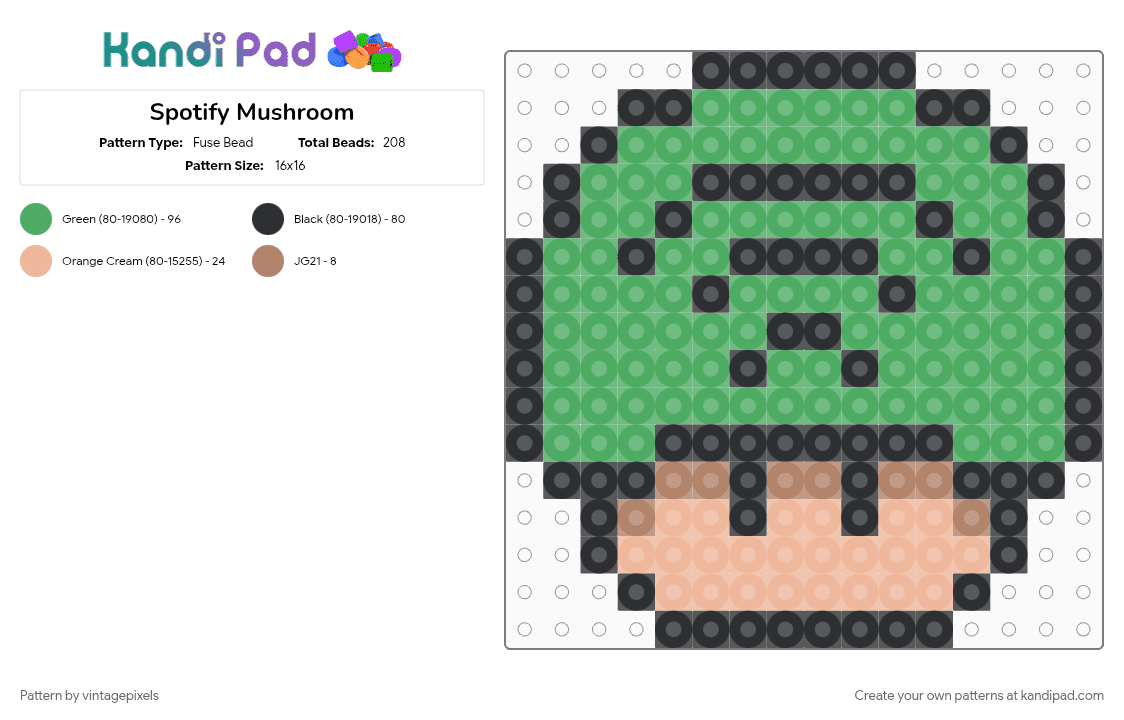 Spotify Mushroom - Fuse Bead Pattern by vintagepixels on Kandi Pad - cotdstreamingmusic, green