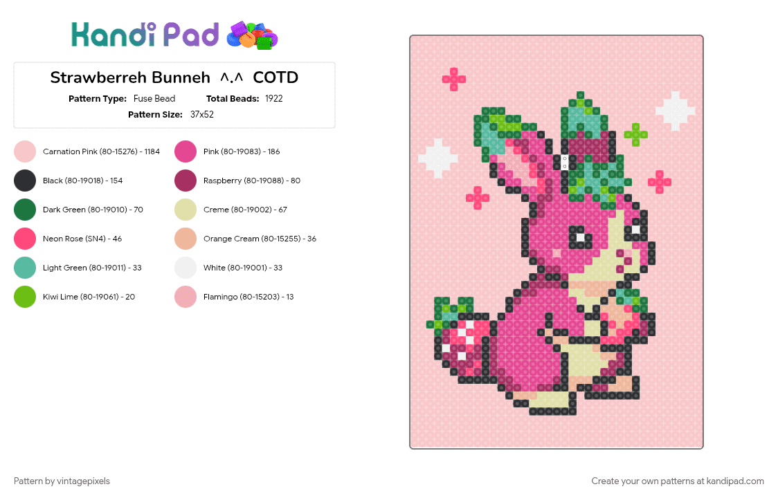 Strawberreh Bunneh  ^.^  COTD - Fuse Bead Pattern by vintagepixels on Kandi Pad - beige, cotdsurrealism, pink