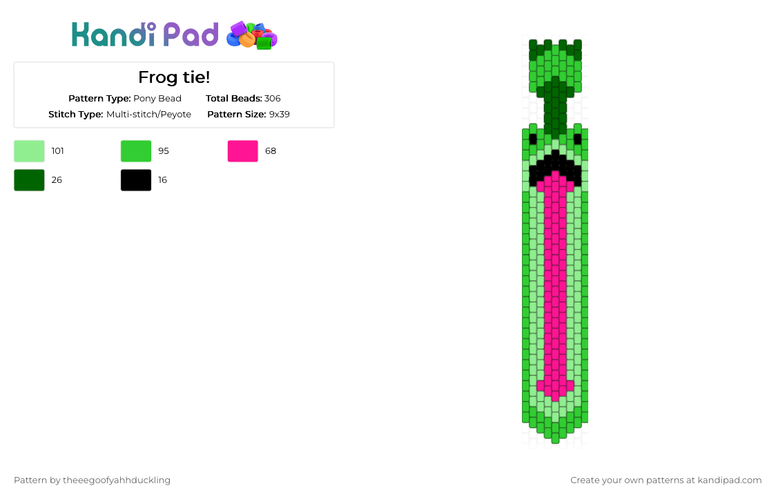 Frog tie! - Pony Bead Pattern by theeegoofyahhduckling on Kandi Pad - green,teal,cotdzooanimals,frog,animal,tie