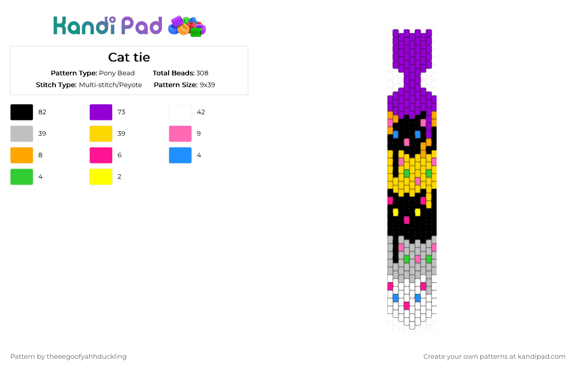 Cat tie - Pony Bead Pattern by theeegoofyahhduckling on Kandi Pad - beige,yellow,purple,cotdzooanimals