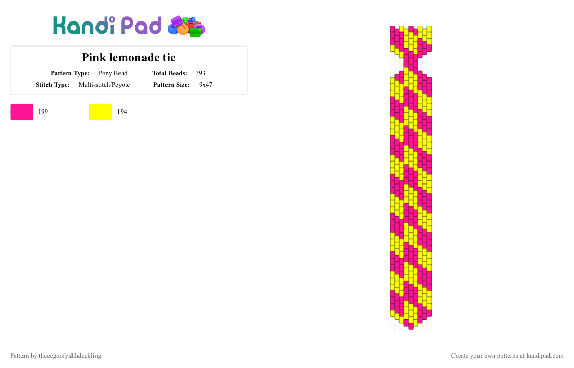 Pink lemonade tie - Pony Bead Pattern by theeegoofyahhduckling on Kandi Pad - pink,yellow