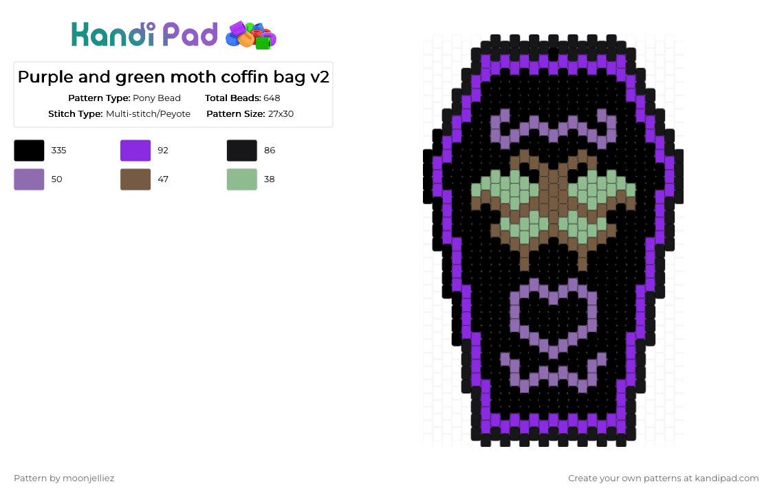 Purple and green moth coffin bag v2 - Pony Bead Pattern by moonjelliez on Kandi Pad - black,purple,bag,coffin,moth,green,purse