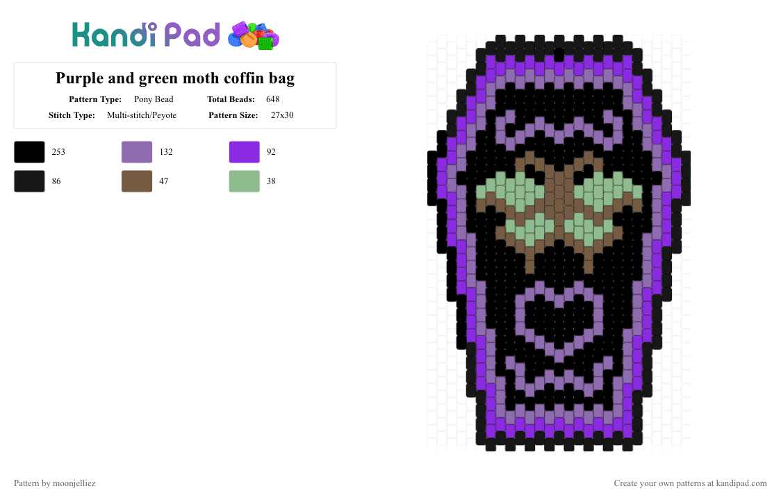 Purple and green moth coffin bag - Pony Bead Pattern by moonjelliez on Kandi Pad - black,purple,pink,bag,coffin,moth,green,purse
